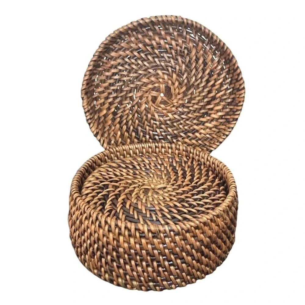 Wicker Set Of 6 Rattan Drink Coasters With Woven Rustic Basket Holder Gift Ready